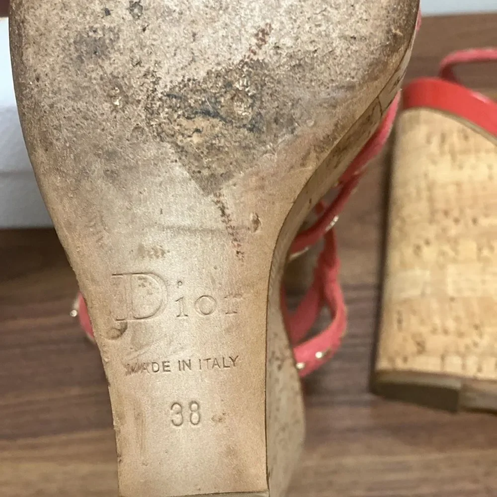 Dior Coral Leather Cork Platform Sandals with Gold Stitching